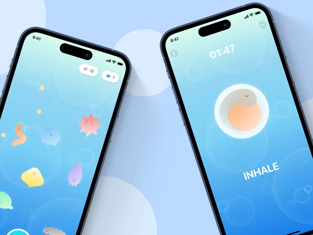 Emocean app screens: the ocean home and a breathing exercise